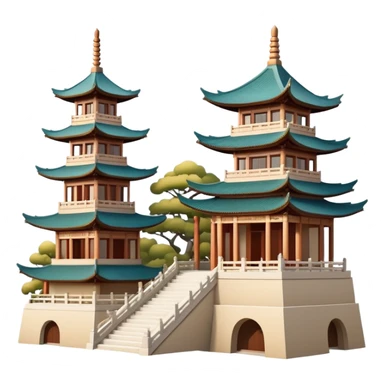 Traditional Chinese architecture with pagoda roofs, natural colors, balanced tones, classic emoji style sticker