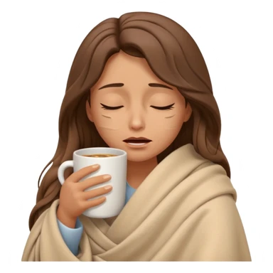 emoji-style illustration of a crying relaxed woman with long wavy brown hair, wrapped in a cozy beige blanket, holding a mug cup, eyes closed, sad and a bit anxious expression, soft 3D cartoon rendering, warm and comforting mood, plain background
 sticker