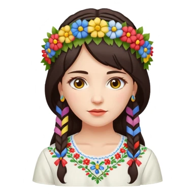 Ukrainian woman in a white embroidered shirt with dark hair in a wreath of flowers with multicoloured ribbons on her head sticker