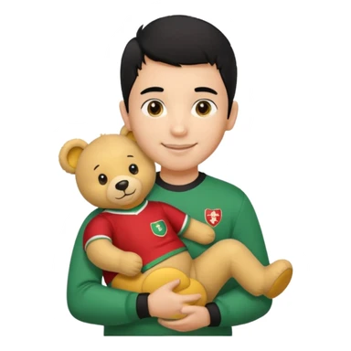 Une garçon qui a les cheveux noir qui sourit il a un maillot de l’algerie et qui a un doudou jaune sur son epaule un ours jaune qui a des habille noir sticker