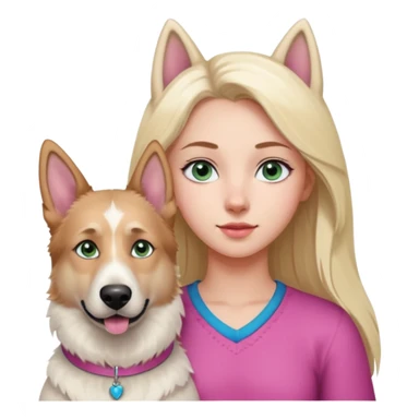White European young woman with blue-green eyes and long blond hair with her white German Shepherd dog,the Dog hast a pink nose and short fur  and Brown eyes sticker