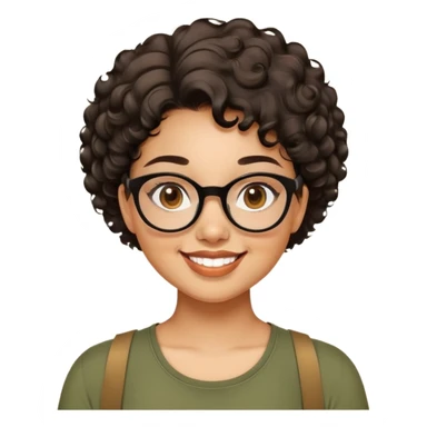 Woman in her 20s with caramel skin tone. Cheerful round face with chubby cheeks. Brown eyes behind thick black glasses. Voluminous short curly hair. Wide smile with dimples. Wearing olive green shirt with wide straps. sticker
