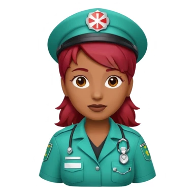 medium brown skin tone woman emoji with red burgundy hair in a paramedic costume sticker