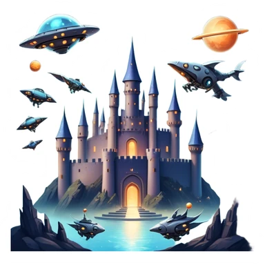 Icon for Fantasy and Sci-Fi Movies: A magical collage with flying dragons. futuristic spaceships and UFOs. Stars and planets shimmer in the background with a mystical castle Hogvards an ancient wizard and robots. The atmosphere is epic, otherworldly and adventurous. Transparent background. sticker