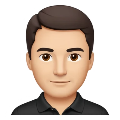 Middle-aged man with strong square face, pronounced jawline, full cheeks, neutral expression, dark brown eyes, thick eyebrows, wide proportional nose, friendly smile with medium lips, short dark hair neatly styled to the side, wearing a black polo shirt sticker