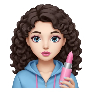A girl with long dark brown hair styled in loose 36mm curls, round-almond Douyin-style eyes with long curled lashes, cool-tone neutral makeup. She’s wearing a light-blue athletic outfit and holding a normal-size pink lipstick (not oversized) in one hand. sticker