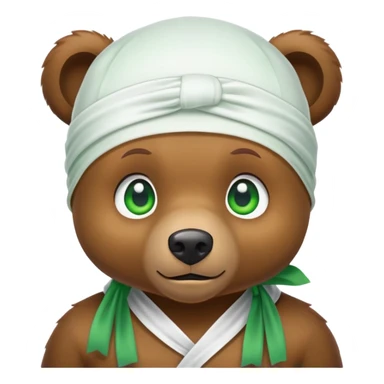 Adorable small brown bear face with green eyes wearing a white silk durag tied at the back, urban style, iOS emoji style sticker