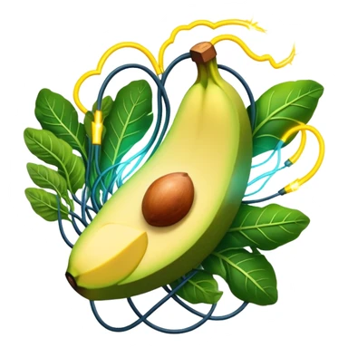 Banana, avocado, potato and leafy greens emitting electrical sparks that flow toward a heart and nervous system. The electrical currents connect the potassium-rich foods to muscles and nerves, highlighting potassium's role as the body's electrical rhythm keeper. sticker