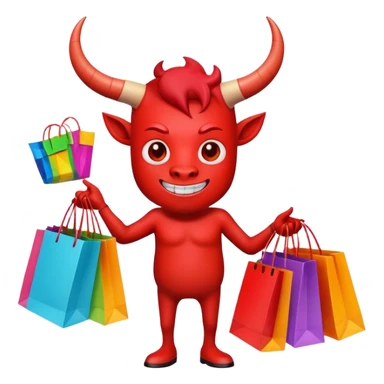 Red devil with horns carrying colorful shopping bags sticker