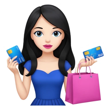 Girl with long black hair, pink lipstick, brown eyes holding shopping bags and blue credit card and wearing a black dress  sticker