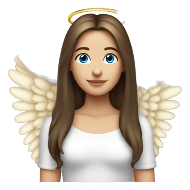 Caucasian brunette angel with long straight hair, dimples, big blue eyes, golden hoop halo over head and wings on back sticker