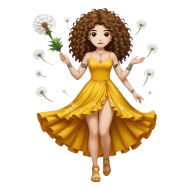 full body woman long curly brown hair brown eyes white skin tattoos muscular build dandelion seed spirit dress made of floating fluff sticker