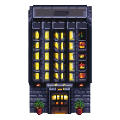 skyscraper hotel with lit windows and entrance sticker