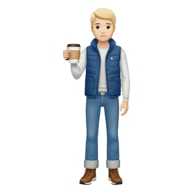 full body man with plain puffy vest with no pockets over long sleeved shirt wearing straight levi boot cut levi blue jeans and tennis shoes holding coffee mug in his hand sticker