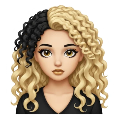 split dye leftside blonde rightside black long and curly hair, baddie, pretty makeup, black eyeliner, long and curly hair sticker
