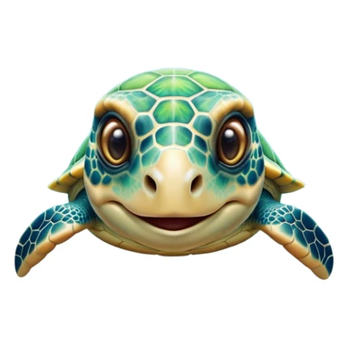 Cinematic Cute Sea Turtle Portrait Emoji, Head tilted playfully and inquisitively, featuring a charming, compact form with a beautifully patterned, domed shell and gentle, sparkling eyes full of oceanic wonder, Simplified yet irresistibly adorable features, highly detailed, glowing with a warm, friendly sea glow, high shine, affectionate and lively, stylized with a touch of whimsical marine charm, soft glowing outline, capturing the essence of a mischievous yet loving sea turtle that seems as if it could swim out of the screen into your arms! sticker