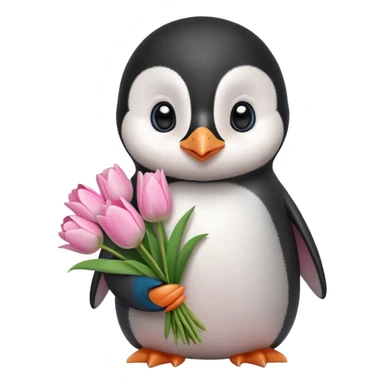 Cute baby penguin holding flower bouquet wraped in white paper and all flowers tulips in pink colour sticker