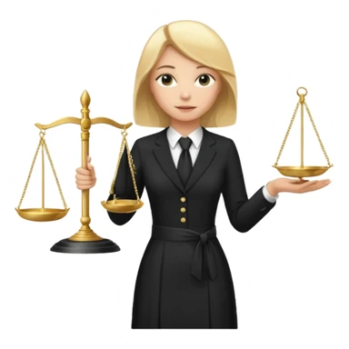 woman lawyer blanche et blonde avec des cheveux mi-long; elle est habillée avec une longue robe noire et une cravate blanche; elle porte la justice sticker