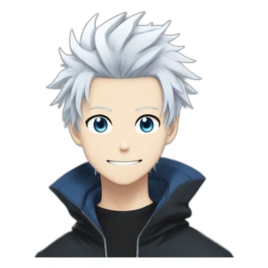 gojo satoru from jujutsu kaisen with white manga hair style, blue sky eyes and wear a black tight tshirt smiling sticker