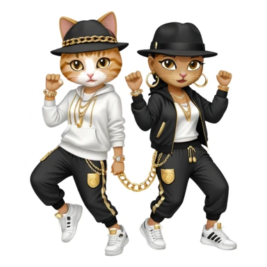 female cat wearing Run DMC hip-hop outfit with tracksuit, fedora, Adidas sneakers, many gold chains, rings, bracelets, flashy earrings, dancing with a friend, no sunglasses sticker