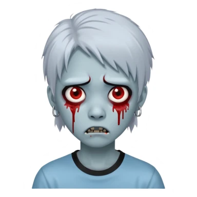Create a 3D emoji-style avatar with very pale blue-grey zombie skin like the reference image, a young Asian face, and large eyes with blood tears. Give it white mullet-style hair, silver hoop earrings, and a plain black T-shirt. The face expression should be slightly angry sticker