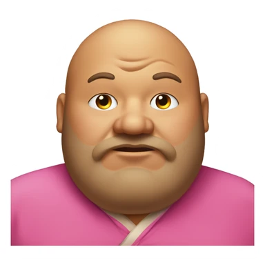 fat man with big hairy ears wearing pink robe, eyes closed, big lips and yellow teeth, duble chin and with a potato nose sticker