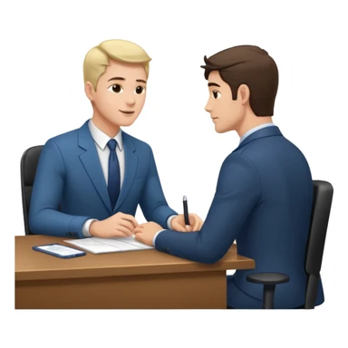 une image de 3/4 avec un recruteur à son bureau PAS DE FACE DE 3/4! qui regarde un candidat assis en face de lui. le recruteur est à droite sticker