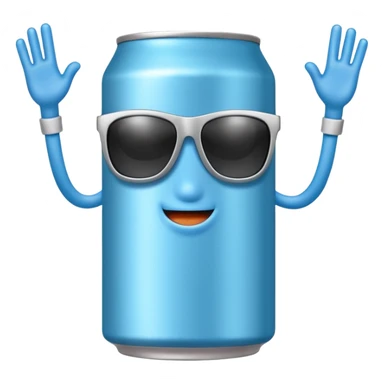 A soda can with a light blue color, with legs, arms, and a face. It can be seen wearing sunglasses sticker