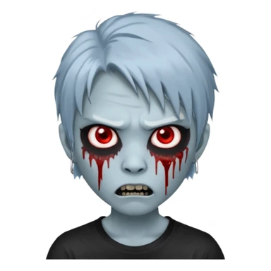  3D emoji-style avatar with very pale blue-grey zombie skin , a young Asian face, and large eyes with blood tears. Give it white litle bit messy mullet hair style , silver hoop earrings, and a plain black T-shirt. The face expression should be slightly angry, with vampire fang sticker