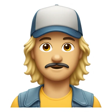 boy with mustache, chin hair, mullet, and trucker hat sticker