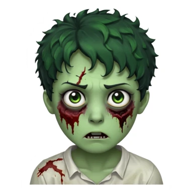zombie character with green skin, messy short curly black hair, and no glasses. Give him large expressive eyes, a slightly frightened or eerie expression, subtle wounds, dark under-eye shadows, and a few cracks or dried blood marks on the face.  white shirt and without bleeding eyes **BLACK HAIR** sticker