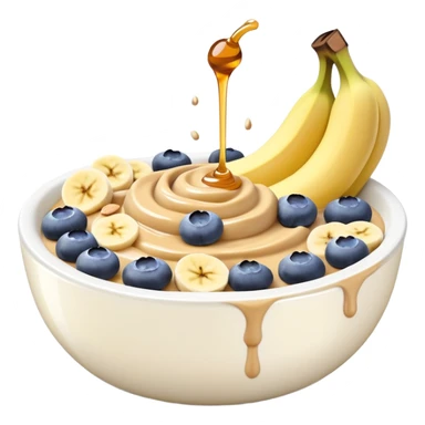 yogurt bowl with banana and bluberries with peanut butter on top and honte sticker