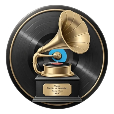 A dark metal platinum music award plaque The center features a relief of a vintage gramophone or stylized vinyl record in a slightly darker metallic tone sticker