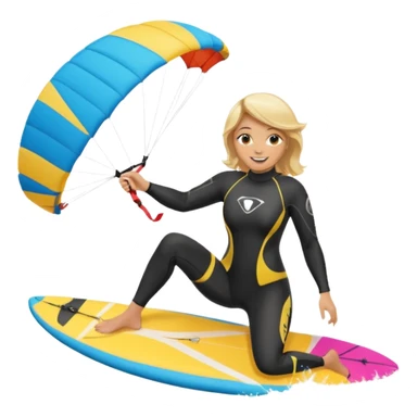 Kitesurfing blond ladie showing parachute and board sticker