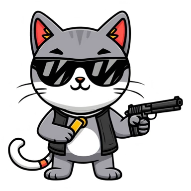 black cat with sunglasses and a gun sticker