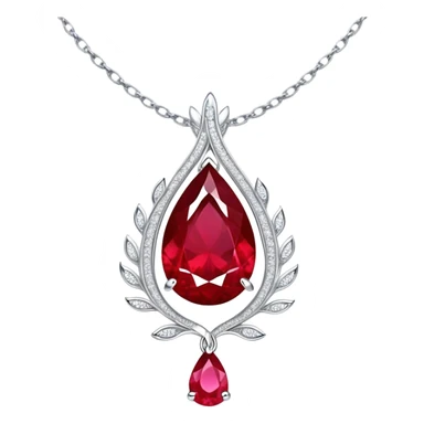 teardrop ruby pendant with fiery light, tiny phoenix feather emerging, haloed by shimmering white stones, silver chain like liquid moonlight sticker