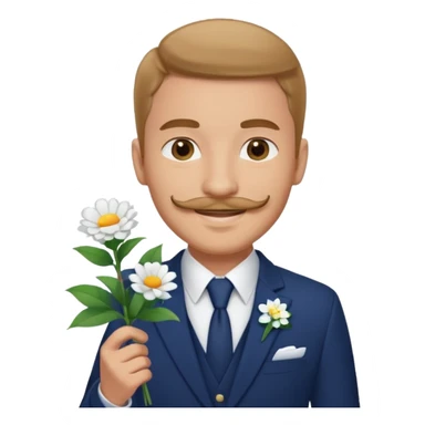 Homme 23 ans léger bouc moustache pas trop épaisse en costume bleu foncé chemise blanche insigne cabin crew portant bouquet fleur blanche souriant  sticker