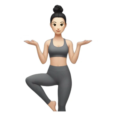 Pale skinned fit woman In a gray tight yoga suit and wristbands With black hair in a bun doing yoga sticker