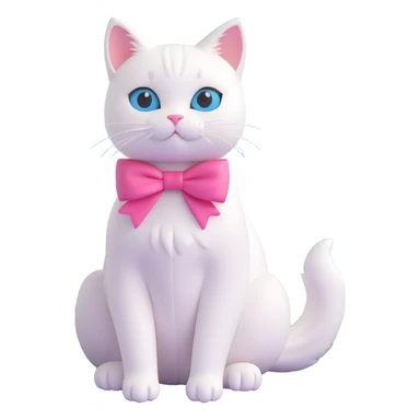 3D iOS style illustration of a white cat with a pink bow, sitting on the shore and gazing at the ocean, with birds in the blue sky sticker