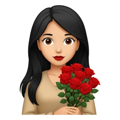 A girl with long black hair holding a bouquet of roses sticker