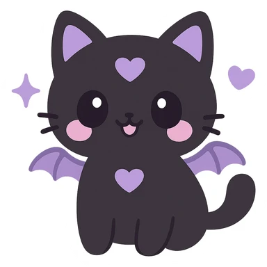 kawaii style gothic cat, cute face, black fur, purple heart markings, tiny bat wings, cheerful and magical sticker