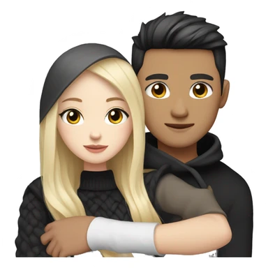 Blonde girl with blue eyes in black sweater and an east asian with light skin man with black hair and black eyes hugging sticker