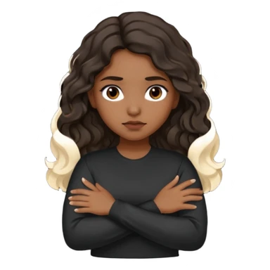Hispanic girl dark long wavy hair crossing her arms with slight pout black long sleeve shirt sticker