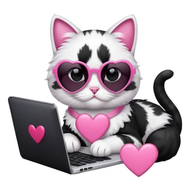 Black and white cat with pink ribbon and black cool sunglasses doing pink computer with pink heart sticker
