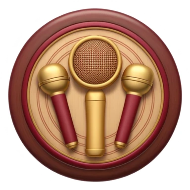 Create a warm and authentic humanless emoji representing folk singing. The design should feature a traditional folk microphone at the center, surrounded by classic instruments such as a bayan (button accordion), gusli (a traditional Russian zither), and a tambourine. Arrange these instruments in a harmonious, circular pattern to evoke a sense of folk music and community performance. Use natural, earthy colors like wood brown, deep red, and golden accents to reflect the rustic and heartfelt spirit of folk music. Add subtle musical notes to the background to convey the rhythm and harmony of the performance. The background should be transparent. sticker
