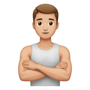 man with arms crossed holding his neck sticker