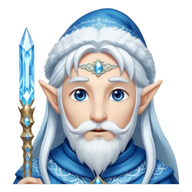 Legendary fantasy Christmas elf portrait icon, Santa Claus and Snow Maiden inspired, ancient winter spirit style, long flowing white-blue hair, glowing frost eyes, crystal staff, elegant elven features, divine winter magic aura, icy silver color palette, highly detailed but clean emoji icon male sticker