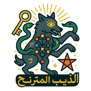 icon-style logo for 'الذيب المترنح' with central staggering wolf, one paw raised, key in mouth, serpent coiled around body symbolizing Gnosticism, Tree of Life integrated into wolf's silhouette representing Kabbalah, glowing third eye on forehead for Hermetic philosophy, small pentagram at feet for occult science, colors gold silver bright blue green red orange with high contrast glowing shiny effects, wolf surrounded by radiant aura, subtle Hebrew letters and esoteric symbols, clean precise lines balanced composition vector-friendly for all sizes and backgrounds sticker