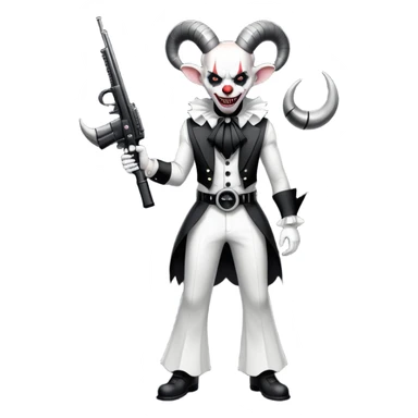 full-body muscular demonic clown in a black and white leisure suit with bellbottom pants, bald, with black ram horns, flashy black and white belt, ruffled white shirt, no neck tie, large fangs, holding a very large futuristic rifle sticker