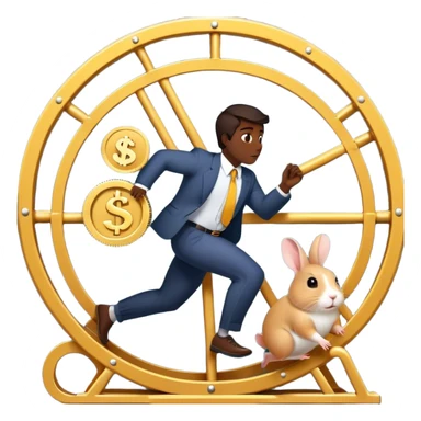 Create an emoji of a tired, overworked entrepreneur running on a hamster wheel while chasing a small, golden rabbit holding a dollar sign. The entrepreneur has dark circles under their eyes, looks exhausted, and is sweating from constant chasing. The hamster wheel represents the endless struggle, while the rabbit symbolizes unattainable financial success. The style should be simple, expressive, and easily recognizable as an emoji
 sticker